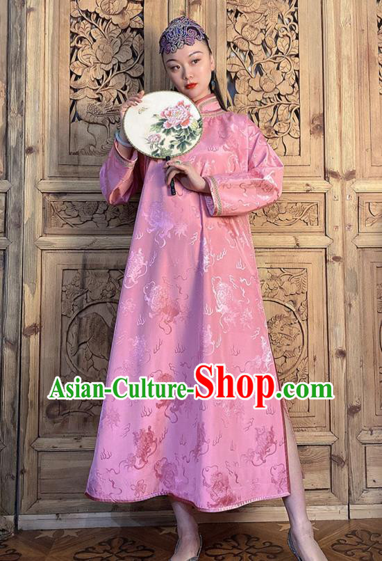 China Classical Loose Cheongsam Traditional Pink Silk Qipao Dress Women Clothing