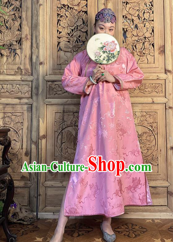 China Classical Loose Cheongsam Traditional Pink Silk Qipao Dress Women Clothing