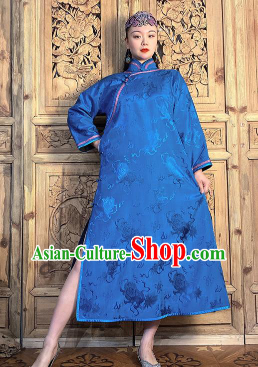 China National Women Clothing Classical Loose Cheongsam Traditional Deep Blue Silk Qipao Dress
