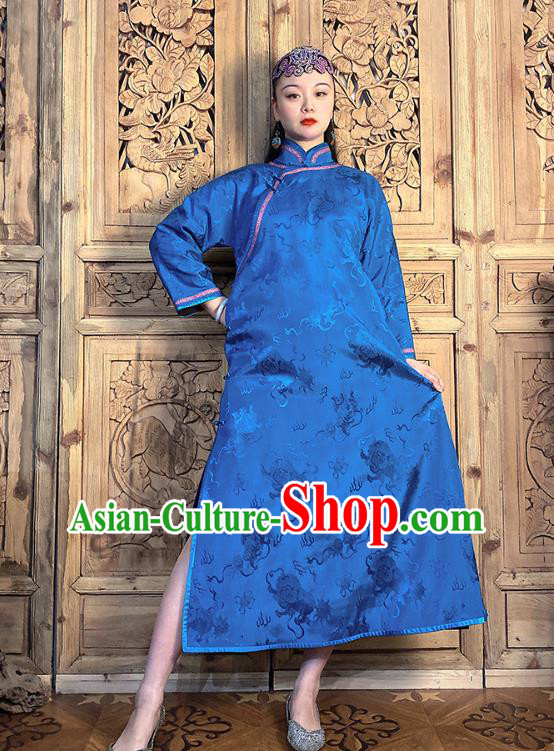 China National Women Clothing Classical Loose Cheongsam Traditional Deep Blue Silk Qipao Dress
