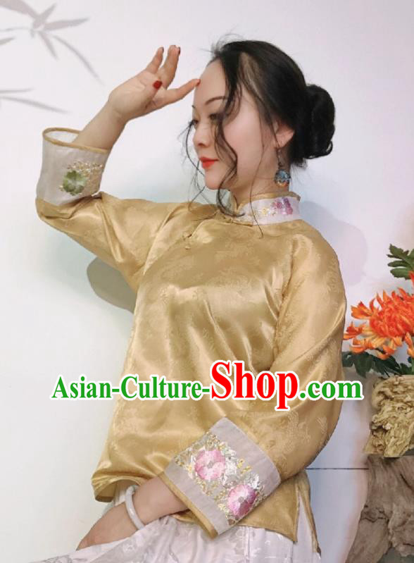 Chinese National Cheongsam Shirt Traditional Embroidered Light Golden Silk Blouse