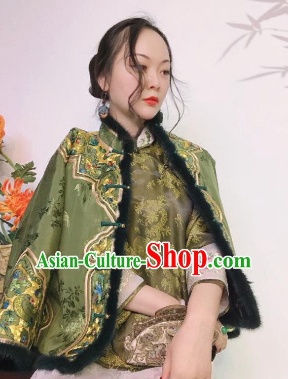 Chinese National Embroidered Olive Green Silk Blouse Traditional Cheongsam Shirt Upper Outer Garment