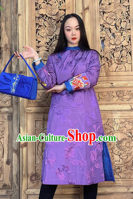 Chinese Traditional Tang Suit Outer Garment Dust Coat Embroidery Purple Silk Long Gown