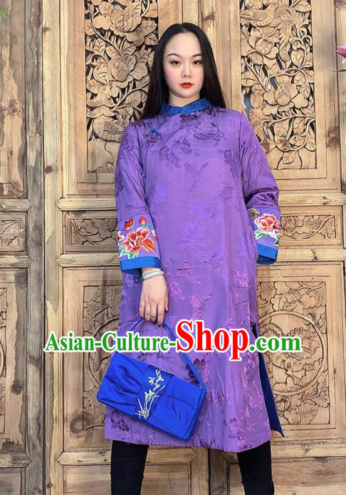 Chinese Traditional Tang Suit Outer Garment Dust Coat Embroidery Purple Silk Long Gown