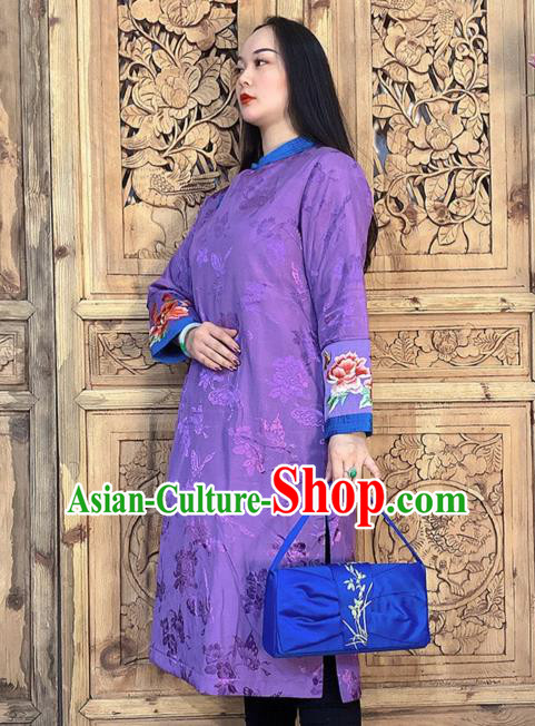 Chinese Traditional Tang Suit Outer Garment Dust Coat Embroidery Purple Silk Long Gown