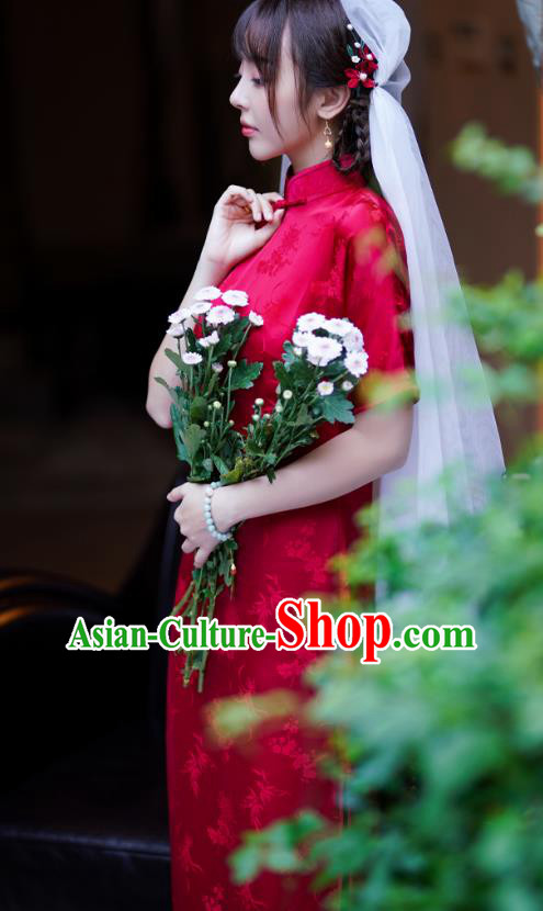 China National Women Costume Bride Cheongsam Classical Wedding Red Silk Qipao Dress