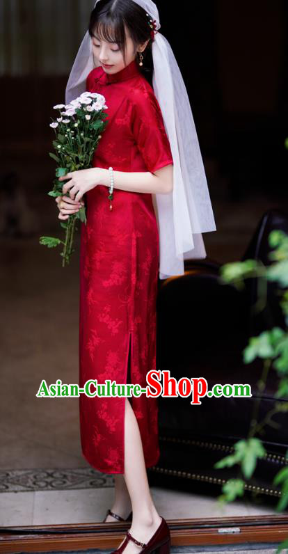 China National Women Costume Bride Cheongsam Classical Wedding Red Silk Qipao Dress