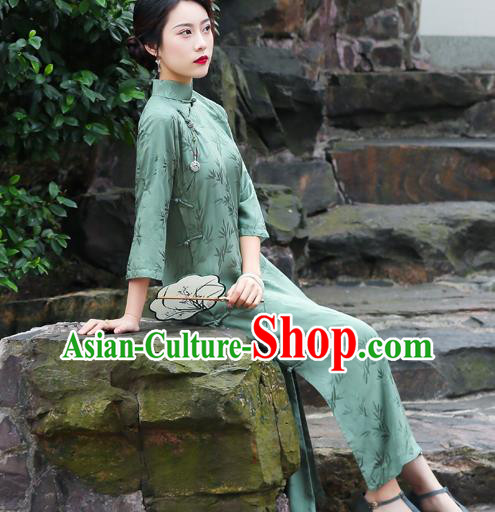 China Traditional Cheongsam Classical Bamboo Leaf Pattern Green Silk Qipao Dress
