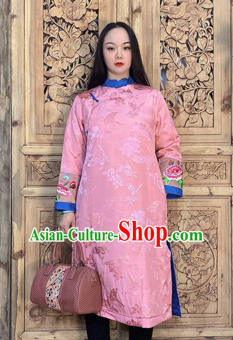Chinese Woman Dust Coat Embroidery Pink Silk Long Gown Traditional Tang Suit Outer Garment