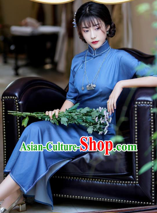 China Traditional Stand Collar Cheongsam Classical Dance Blue Qipao Dress
