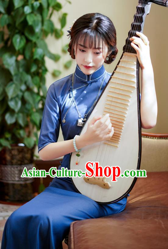 China Traditional Stand Collar Cheongsam Classical Dance Blue Qipao Dress