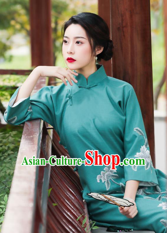 China National Clothing Traditional Cheongsam Classical Embroidered Peony Green Qipao Dress