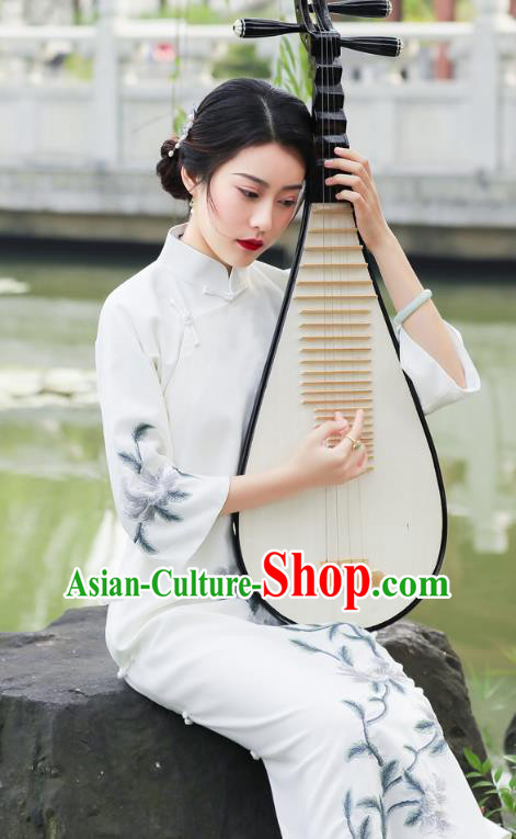 China Classical Embroidered Peony White Qipao Dress National Clothing Traditional Cheongsam