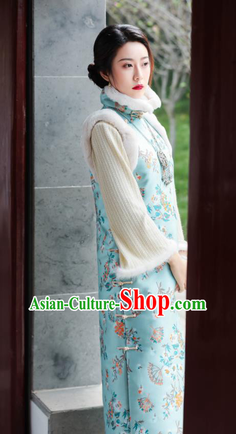 China National Winter Clothing Traditional Light Blue Cheongsam Classical Printing Qipao Dress