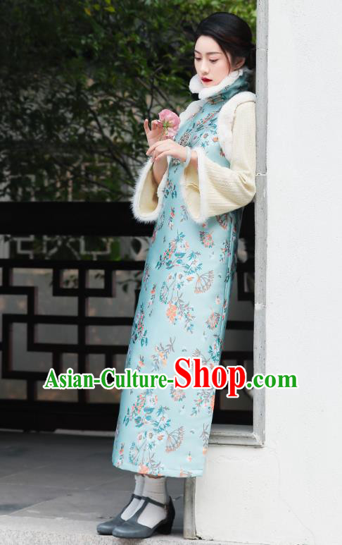 China National Winter Clothing Traditional Light Blue Cheongsam Classical Printing Qipao Dress
