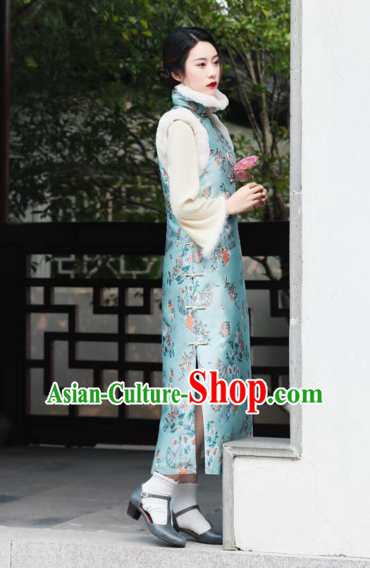 China National Winter Clothing Traditional Light Blue Cheongsam Classical Printing Qipao Dress