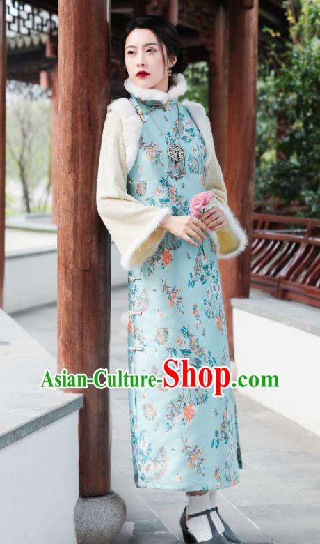 China National Winter Clothing Traditional Light Blue Cheongsam Classical Printing Qipao Dress