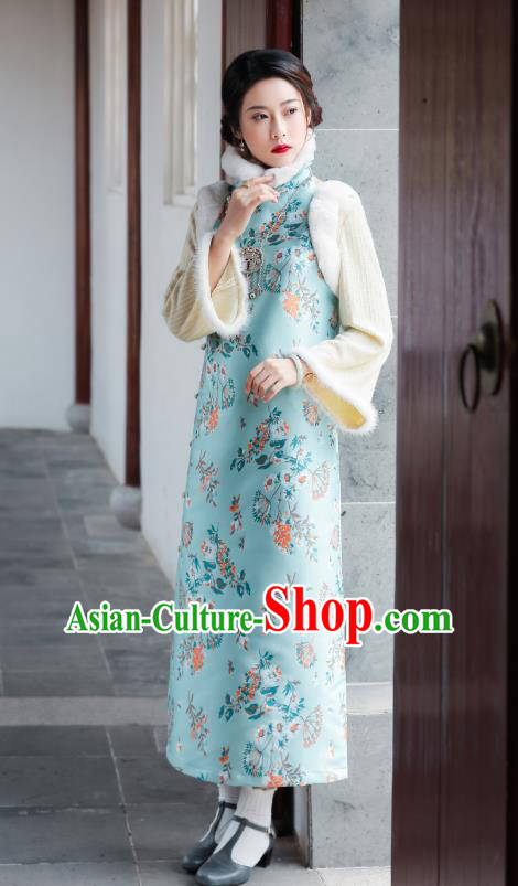 China National Winter Clothing Traditional Light Blue Cheongsam Classical Printing Qipao Dress
