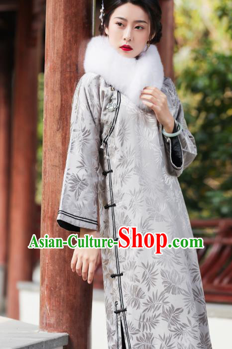 China Classical Grey Silk Qipao Dress National Winter Clothing Traditional Young Mistress Cheongsam