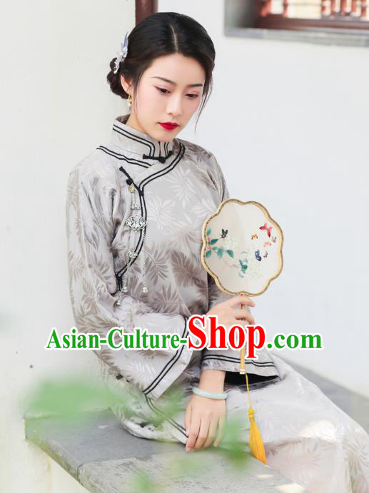 China Classical Grey Silk Qipao Dress National Winter Clothing Traditional Young Mistress Cheongsam