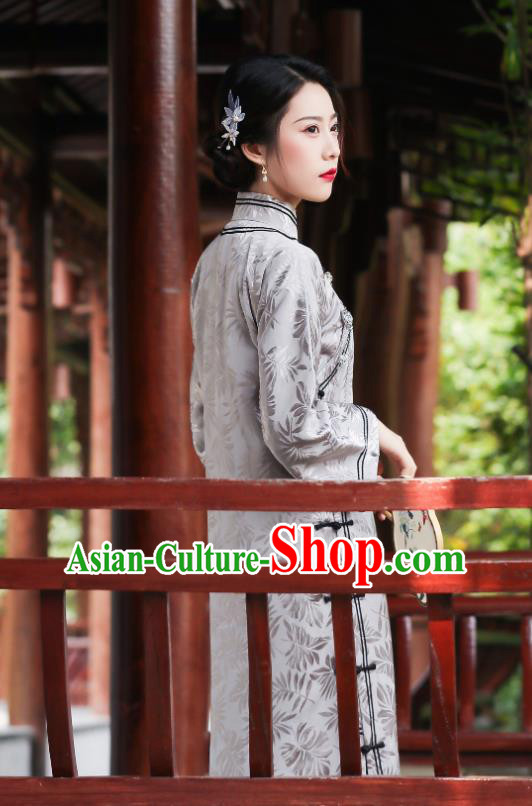 China Classical Grey Silk Qipao Dress National Winter Clothing Traditional Young Mistress Cheongsam