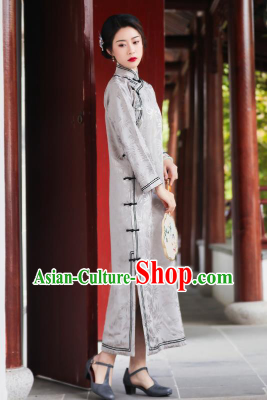 China Classical Grey Silk Qipao Dress National Winter Clothing Traditional Young Mistress Cheongsam