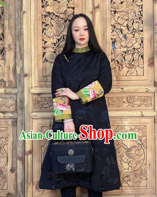 Chinese Black Silk Long Gown Traditional Tang Suit Overcoat Woman Embroidery Dust Coat