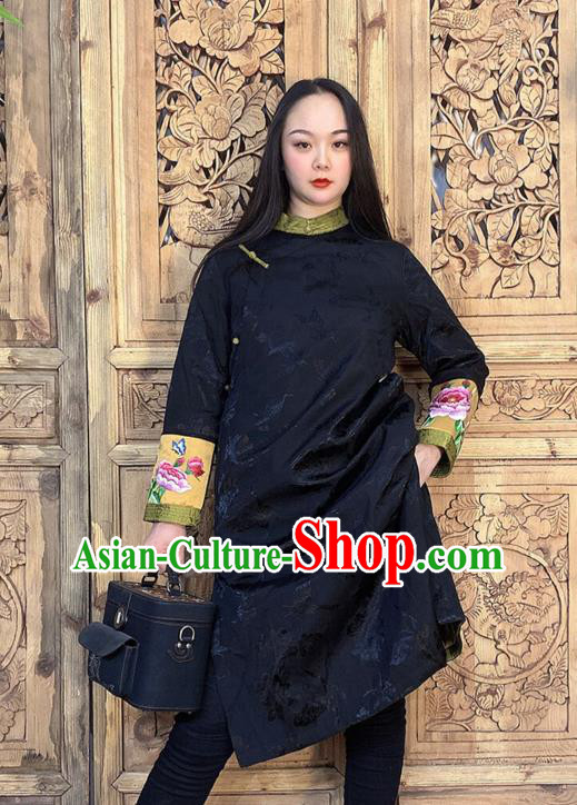 Chinese Black Silk Long Gown Traditional Tang Suit Overcoat Woman Embroidery Dust Coat