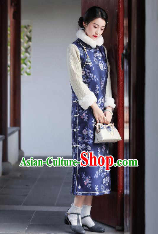 China Traditional Young Mistress Cheongsam Classical Navy Blue Silk Qipao Dress National Winter Clothing