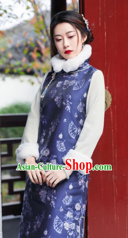 China Traditional Young Mistress Cheongsam Classical Navy Blue Silk Qipao Dress National Winter Clothing