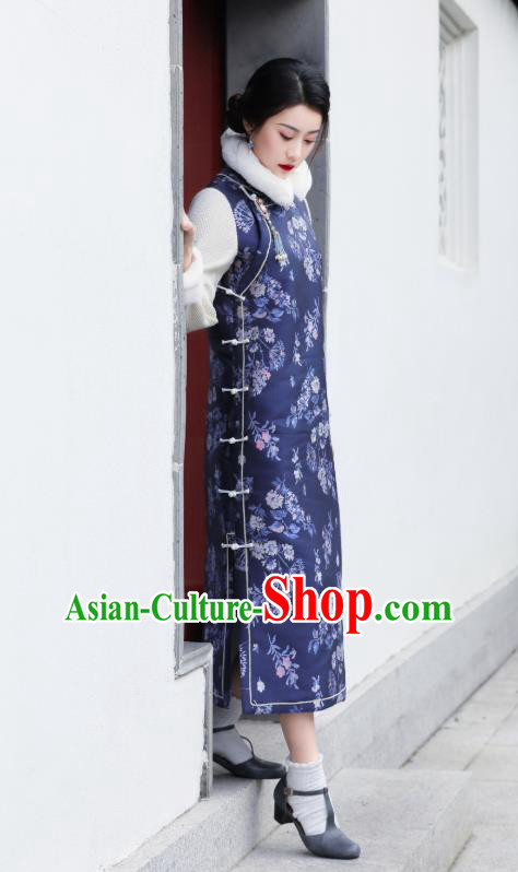 China Traditional Young Mistress Cheongsam Classical Navy Blue Silk Qipao Dress National Winter Clothing
