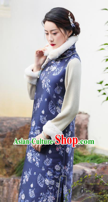 China Traditional Young Mistress Cheongsam Classical Navy Blue Silk Qipao Dress National Winter Clothing