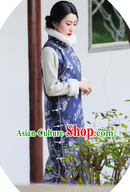 China Traditional Young Mistress Cheongsam Classical Navy Blue Silk Qipao Dress National Winter Clothing