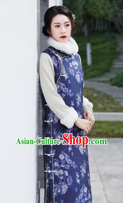 China Traditional Young Mistress Cheongsam Classical Navy Blue Silk Qipao Dress National Winter Clothing
