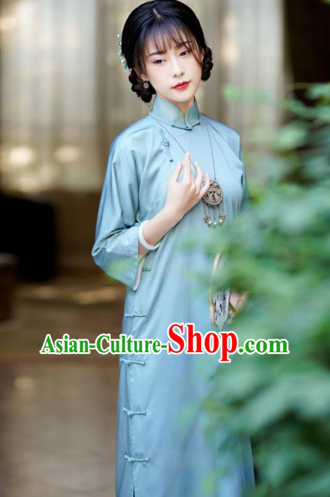 China Traditional Young Lady Cheongsam Classical Light Blue Qipao Dress National Retro Clothing