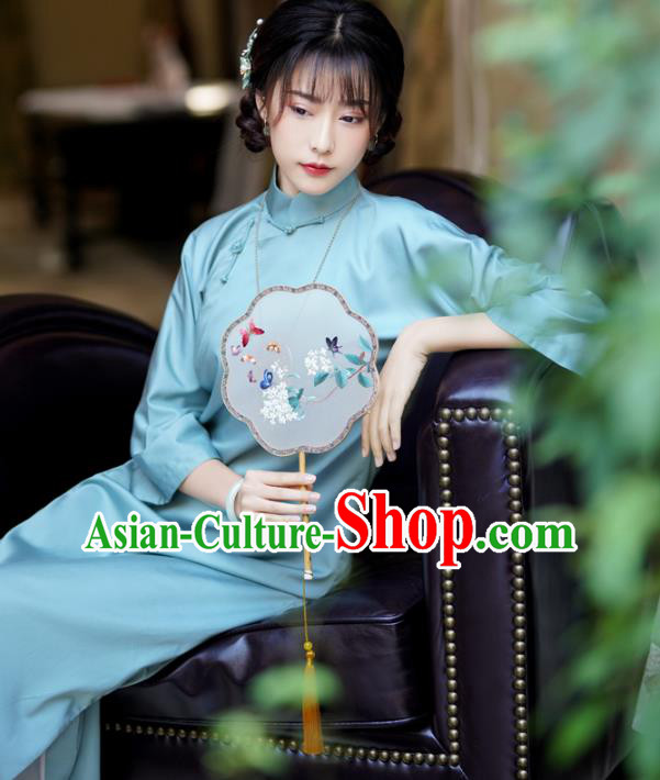 China Traditional Young Lady Cheongsam Classical Light Blue Qipao Dress National Retro Clothing