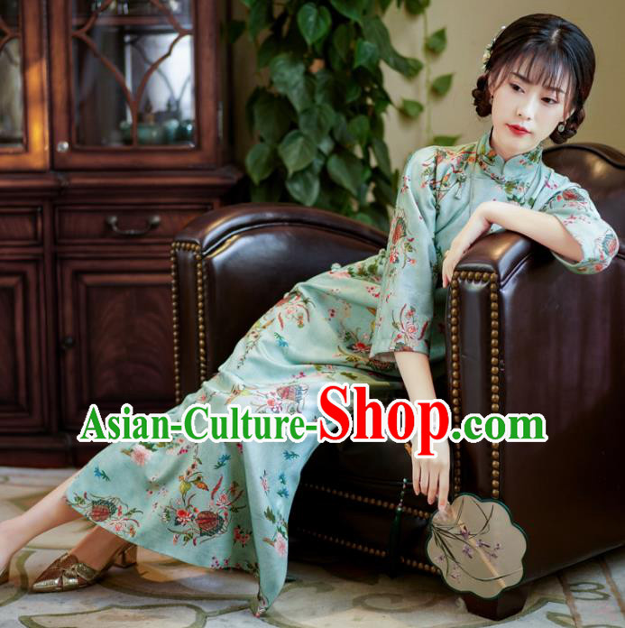 China Classical Green Qipao Dress National Retro Clothing Traditional Printing Flowers Cheongsam