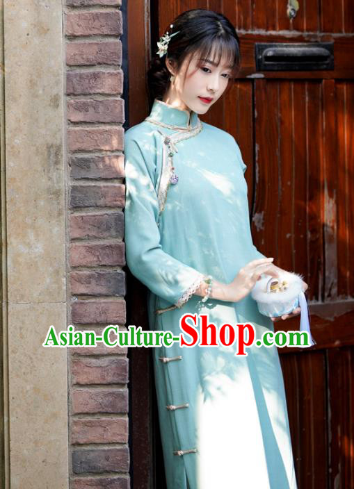 China Classical Slant Opening Qipao Dress National Retro Clothing Traditional Light Blue Cheongsam