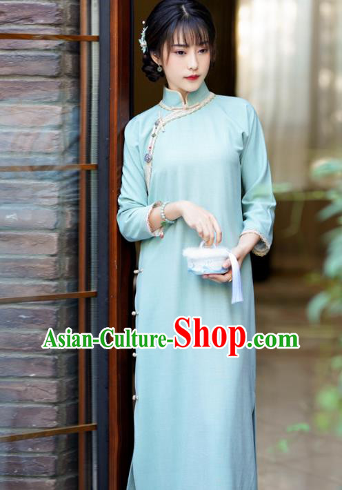 China Classical Slant Opening Qipao Dress National Retro Clothing Traditional Light Blue Cheongsam
