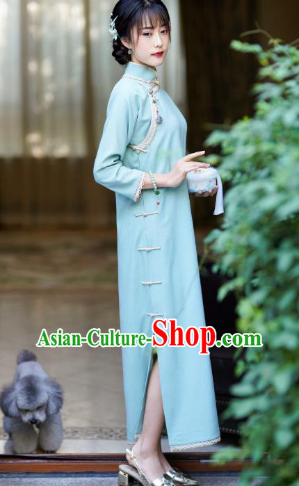 China Classical Slant Opening Qipao Dress National Retro Clothing Traditional Light Blue Cheongsam