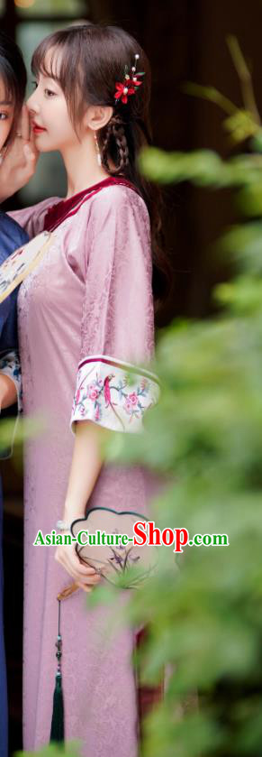China Traditional Pink Silk Cheongsam Classical Slant Opening Qipao Dress National Young Women Clothing