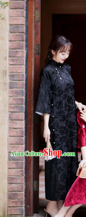 China Classical Stand Collar Qipao Dress National Young Lady Clothing Traditional Black Silk Cheongsam