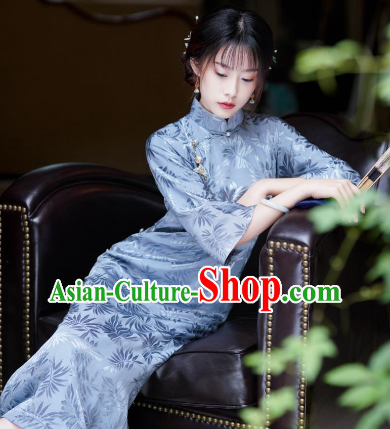 China National Young Lady Clothing Traditional Blue Silk Cheongsam Classical Stand Collar Qipao Dress
