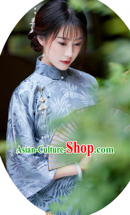China National Young Lady Clothing Traditional Blue Silk Cheongsam Classical Stand Collar Qipao Dress