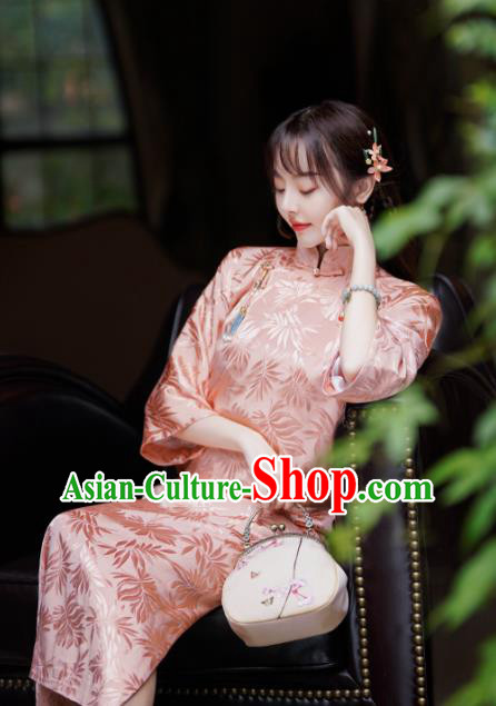 China Traditional Pink Silk Cheongsam Classical Stand Collar Qipao Dress National Young Lady Clothing