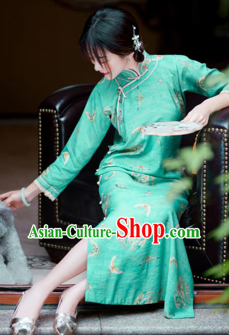 Republic of China Traditional Printing Green Qipao Dress Classical Clothing Rich Lady Cheongsam