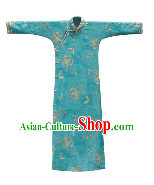 Republic of China Traditional Printing Green Qipao Dress Classical Clothing Rich Lady Cheongsam