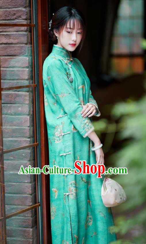 Republic of China Traditional Printing Green Qipao Dress Classical Clothing Rich Lady Cheongsam