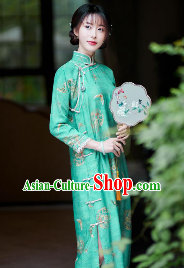 Republic of China Traditional Printing Green Qipao Dress Classical Clothing Rich Lady Cheongsam