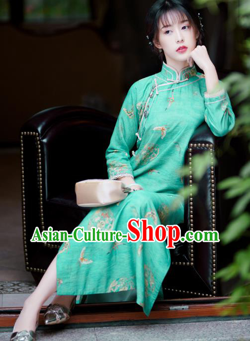 Republic of China Traditional Printing Green Qipao Dress Classical Clothing Rich Lady Cheongsam